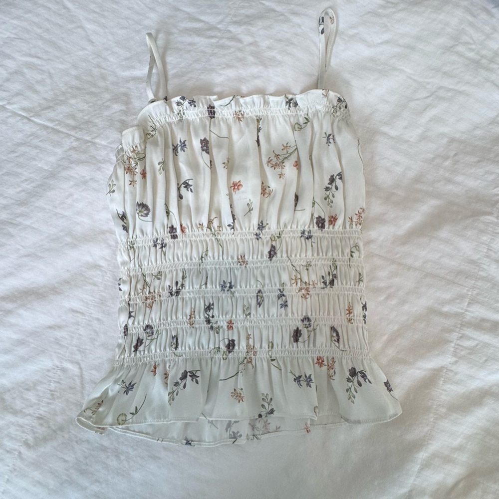 Wilfred White Satin Floral Smocked Blouse Small